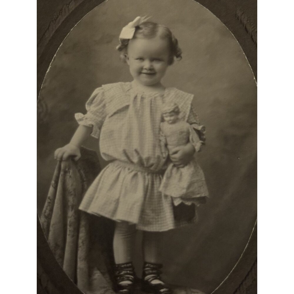 Antique Little Curly Haired Girl And Doll -Cabinet Card Photo